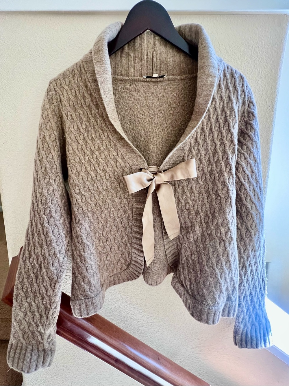 Granola Vintage Inspired  Style Taupe /Beige Cable Knit Bow Cardigan by Ballade